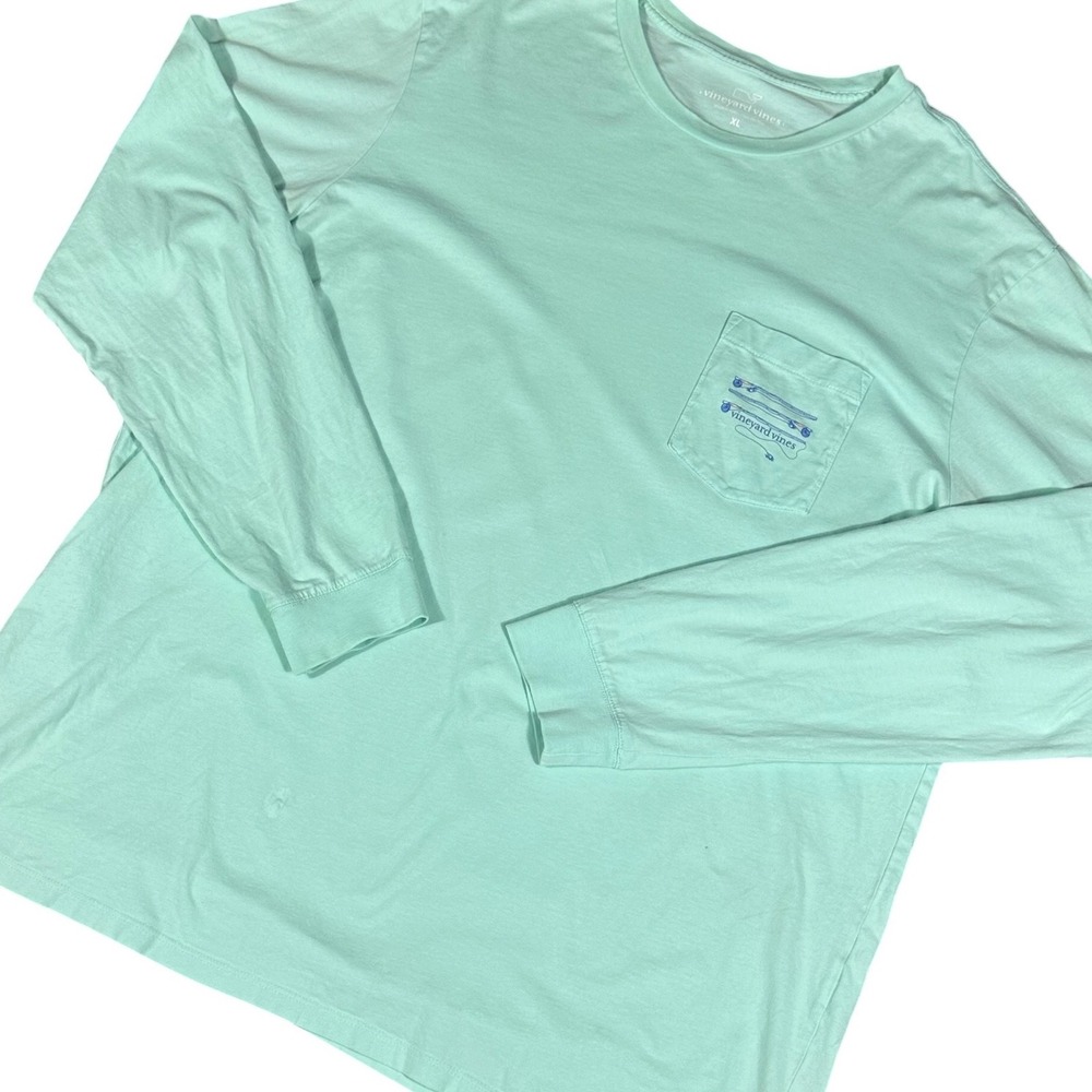 Vineyard Vines Long Sleeve T-Shirt Mens XL Mint Green Fishing Rod Graphic Pocket